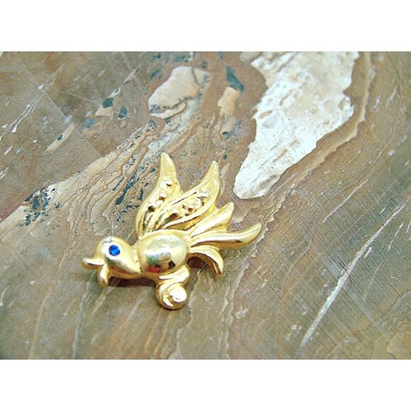 Vintage Road Runner Bird Brooch Blue Sapphire? Crystal Rhinestones Gold Tone 1x1 - Picture 2 of 12